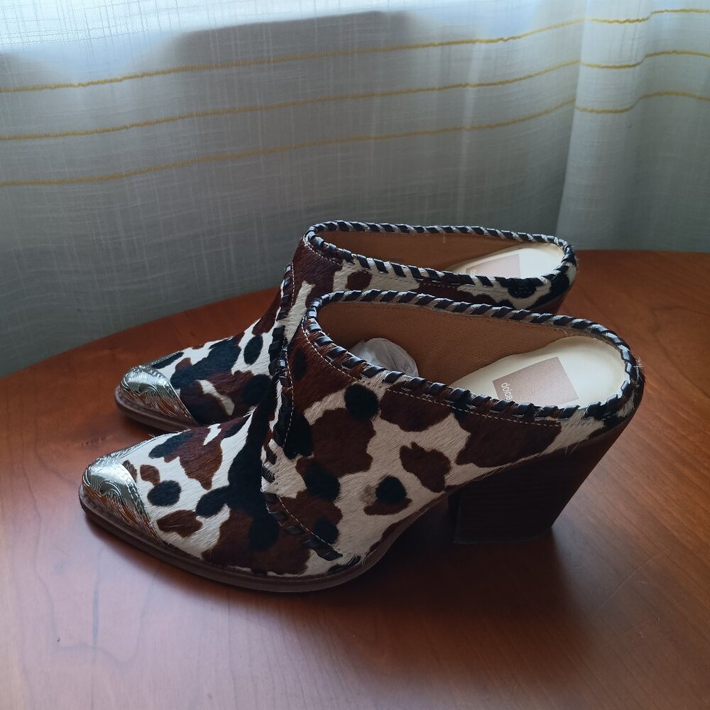 NWT Silver Toe Western Cow Print Animal Hair Heeled Mules - Picture 3 of 14